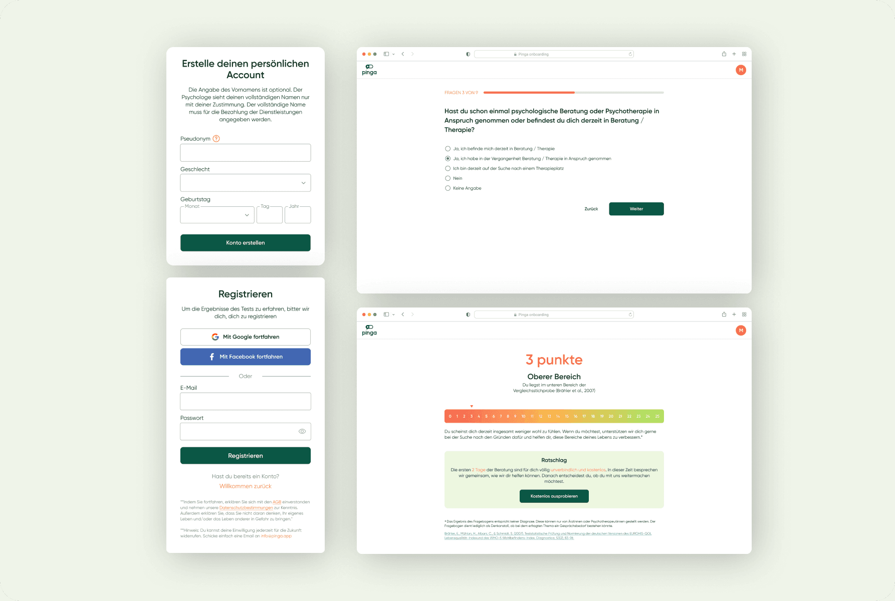 Onboarding redesigned around emotional safety — anonymous account, wellbeing check-in, results