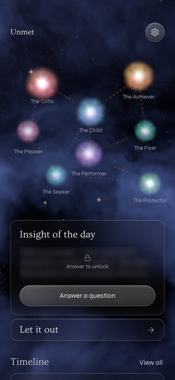 Unmet — the home screen: your constellation of parts, the insight of the day