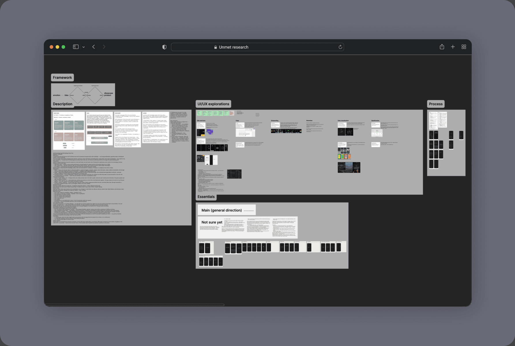 The Unmet research canvas — framework, UI/UX explorations, and process